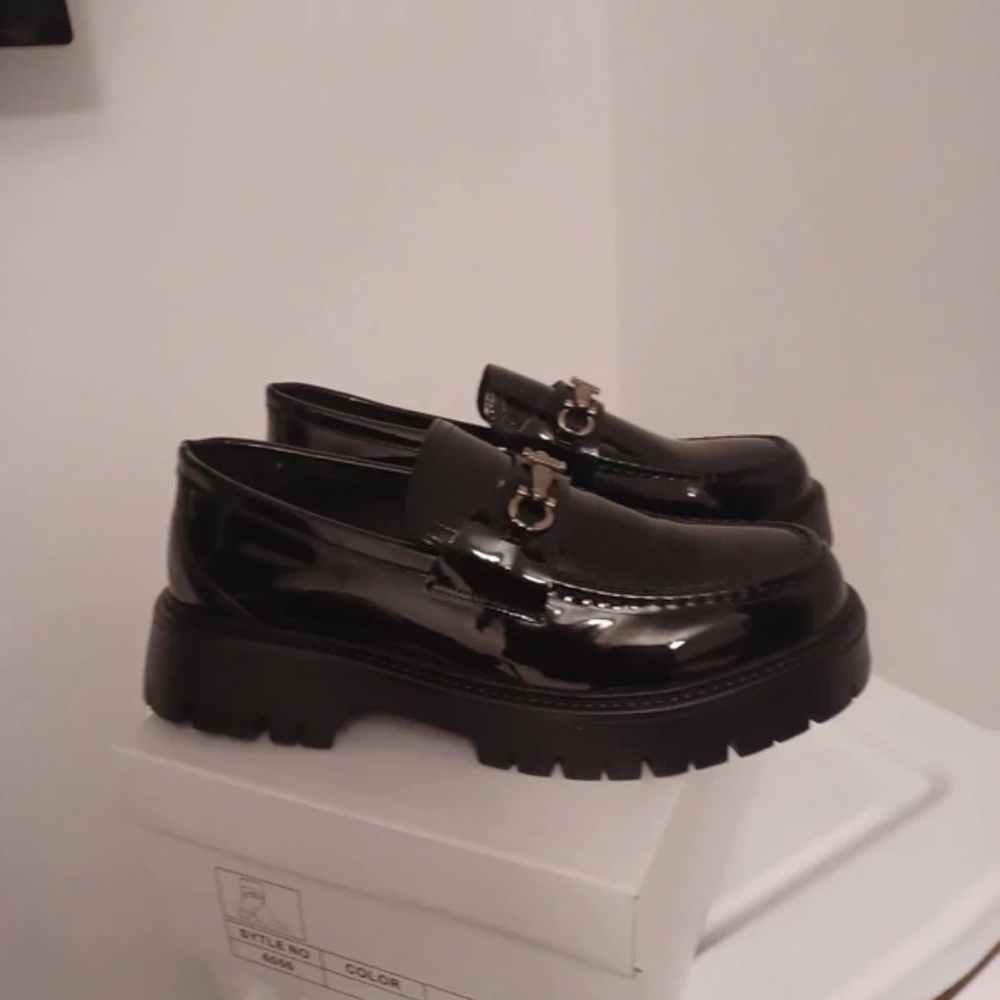 Elegant Black Patent Loafers with Gold Detail